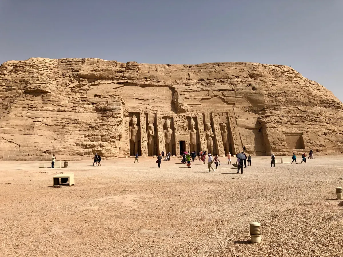 The Small Temple of Hathor and Nefertari with standing statues carved into the rock on a luxury Egypt tour, Abu Simbel, Egypt