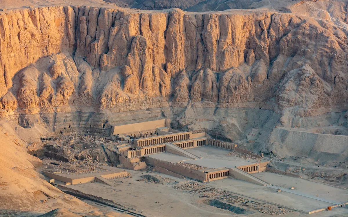 The terraced Mortuary Temple of Hatshepsut under the cliffs of Deir el-Bahari on a luxury Egypt tour, Deir el-Bahari, Luxor, Egypt