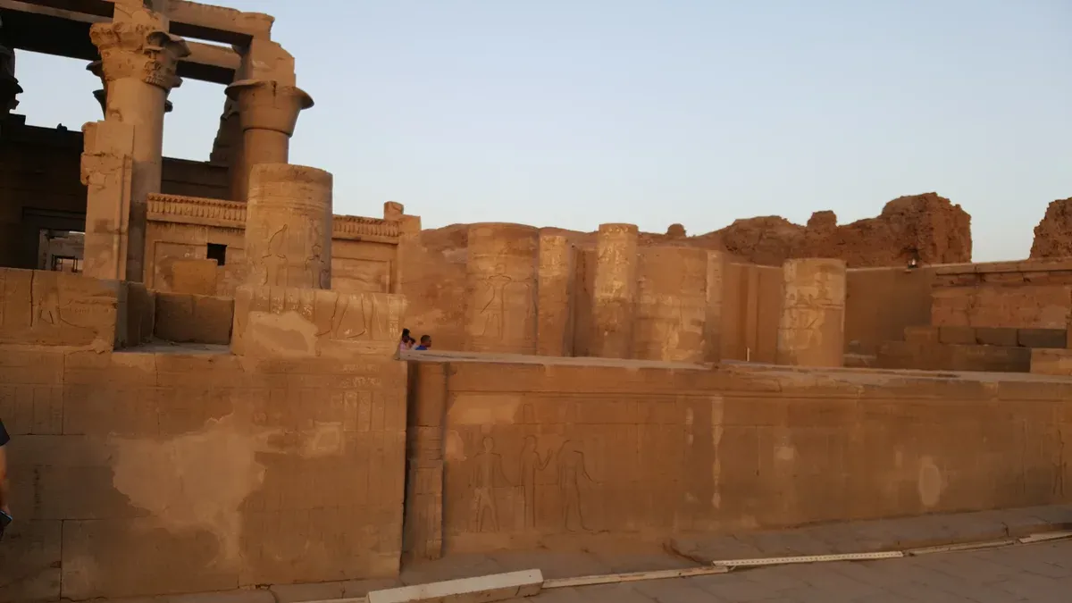 The sandstone walls and columns of the Temple of Kom Ombo in evening light on a luxury Egypt tour, Kom Ombo, Egypt